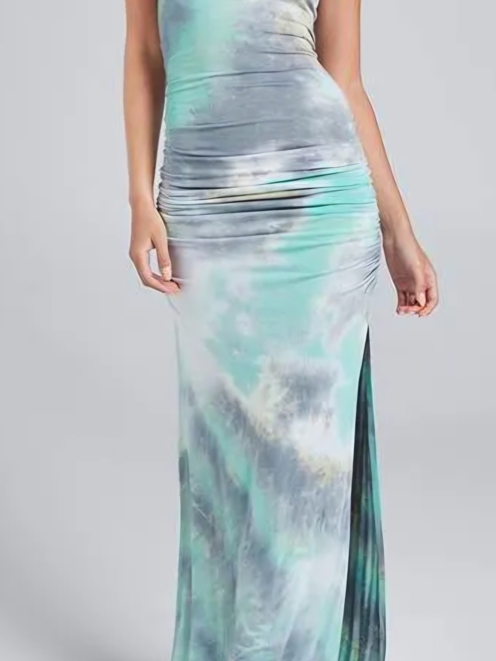 Ruched High-Slit Maxi Skirt in Aqua Gray Tie-Dye